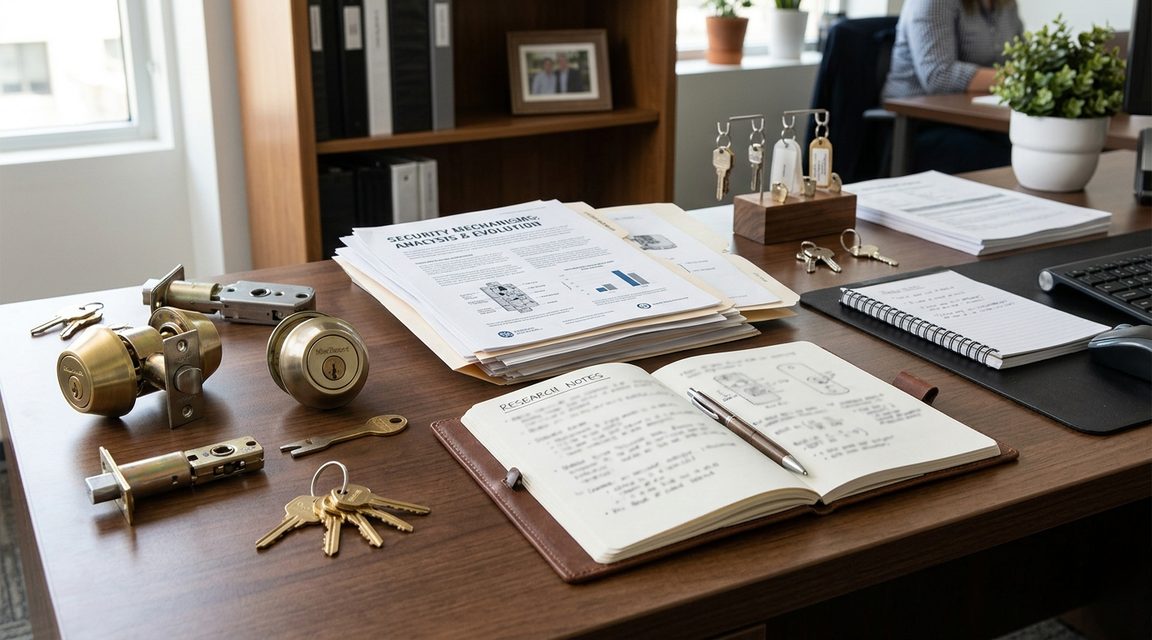 Research materials and lock hardware on professional desk