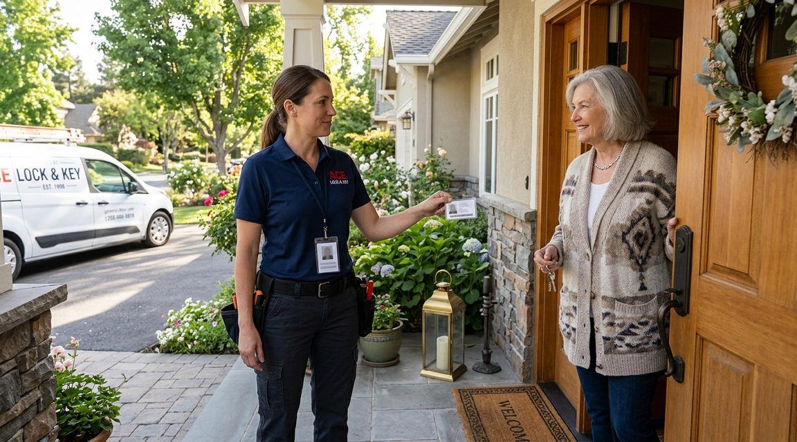 Locksmith explaining rekeying process to Pleasanton homeowner