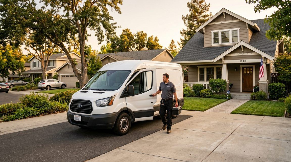 Locksmith arriving at a Pleasanton home for a service call