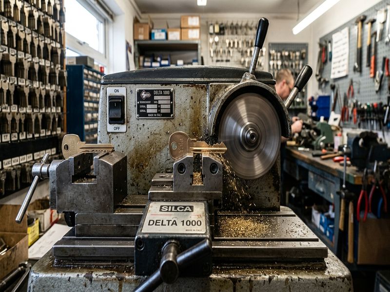 Professional key cutting machine in locksmith workshop