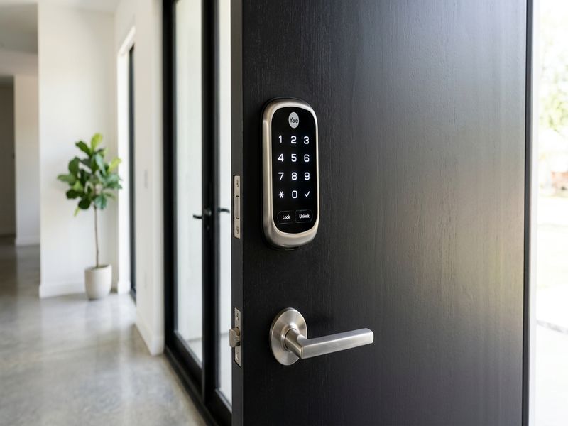 Modern smart lock keypad on residential door