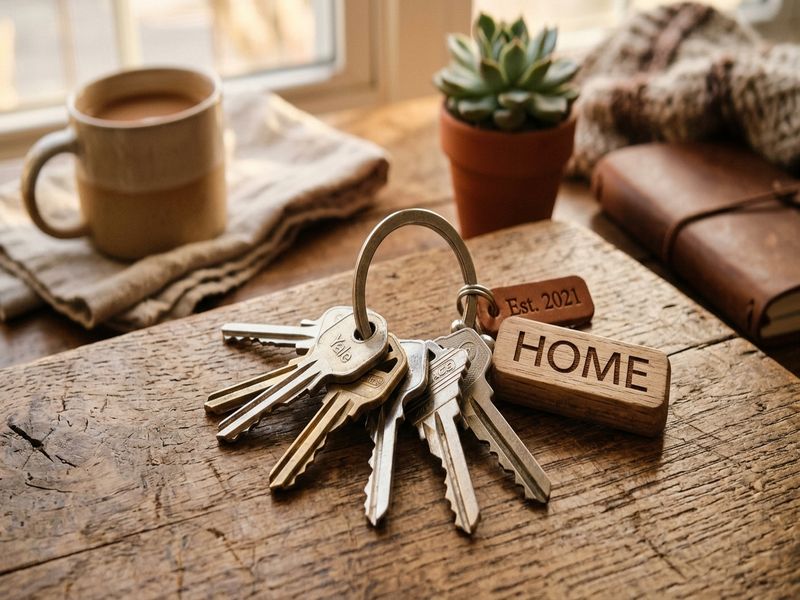 House keys on wooden surface