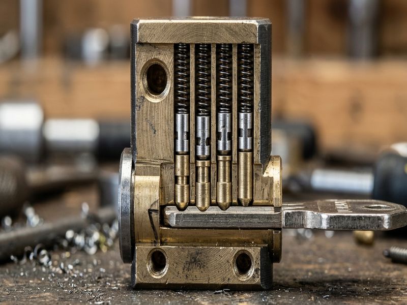 Lock cylinder pin tumbler mechanism close-up