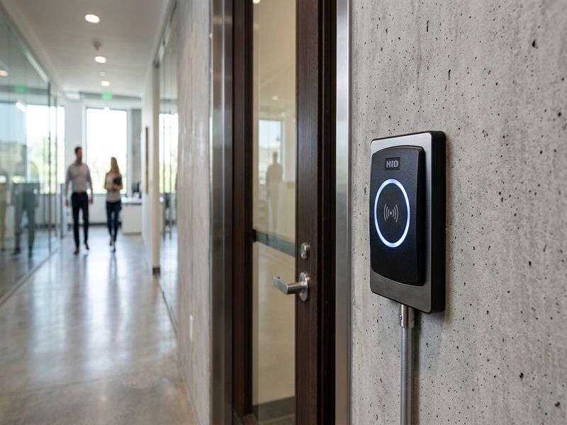 Commercial access control card reader on office wall