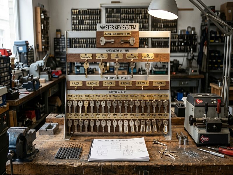 Master key system organized on locksmith workbench